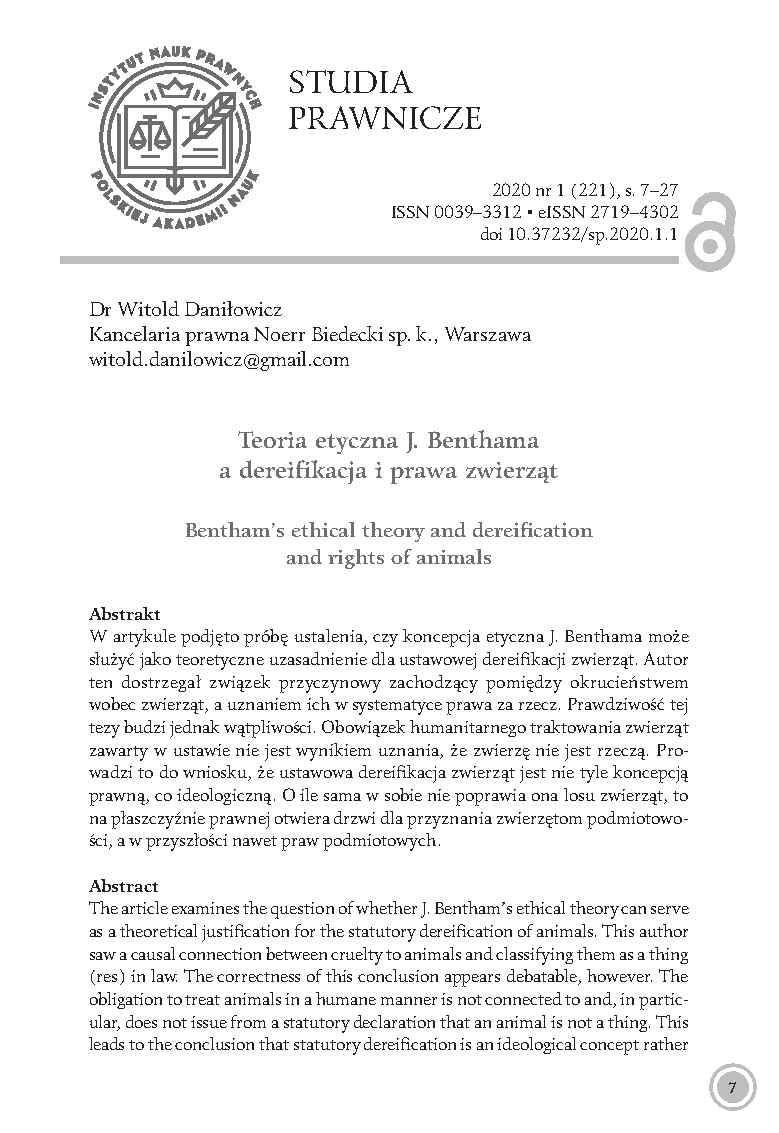 okladka_danilowicz_teoria_etyczna _j._benthama _a _dereifikacja _i _prawa _zwierzat_10.37232sp.2020.1.1