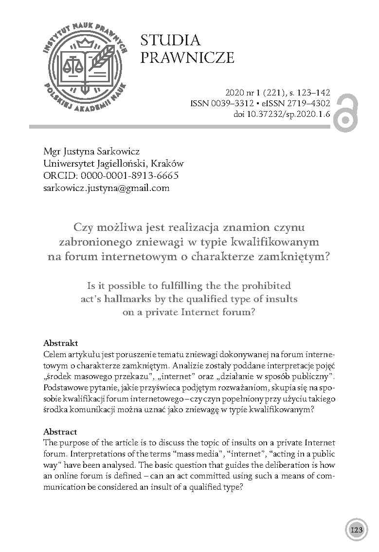 okladka_sarkowicz_czy_mozliwa_jest_realizacja_znamion_czynu_zabronionego_zniewagi_w_typie_kwalifikowanym_na_forum_internetowym_o_charakterze_zamknietym?_10.37232sp.2020.1.6